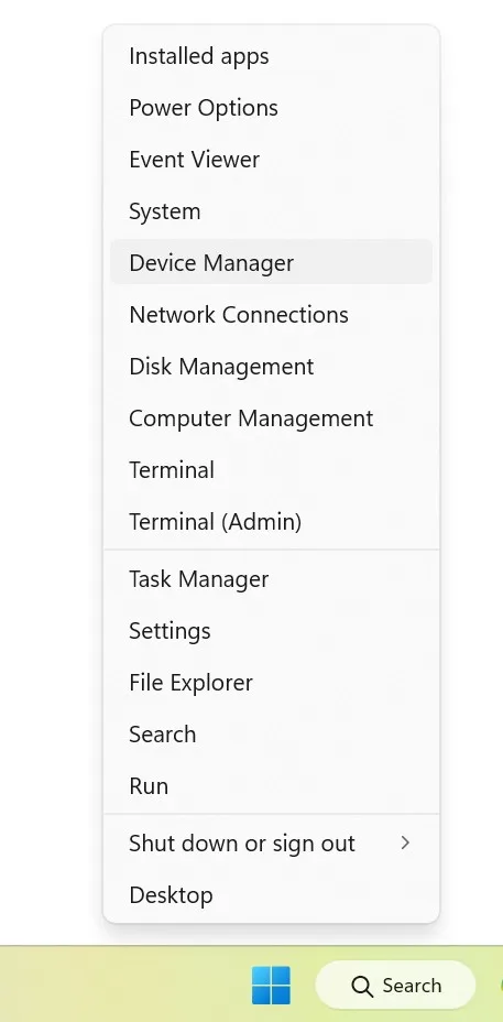 Step 1 - Press Windows and X then select Device Manager - How To Reinstall Camera Driver In Windows